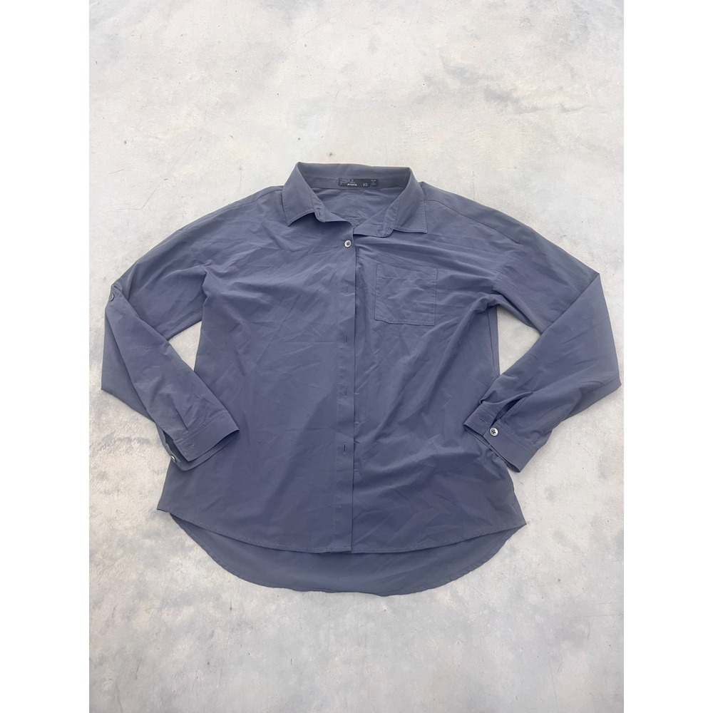 prAna Shirt Womens XS Charcoal Gray High-Low Curved Hem Long Sleeve Button-Up